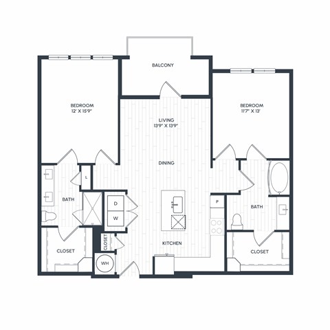 Floor plan for 2 beds, 2 baths, 1158 sqft